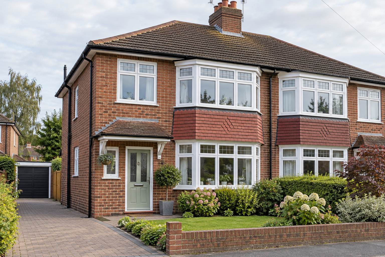 Brick Kent semi-detached house with newly fitted white double-glazed windows