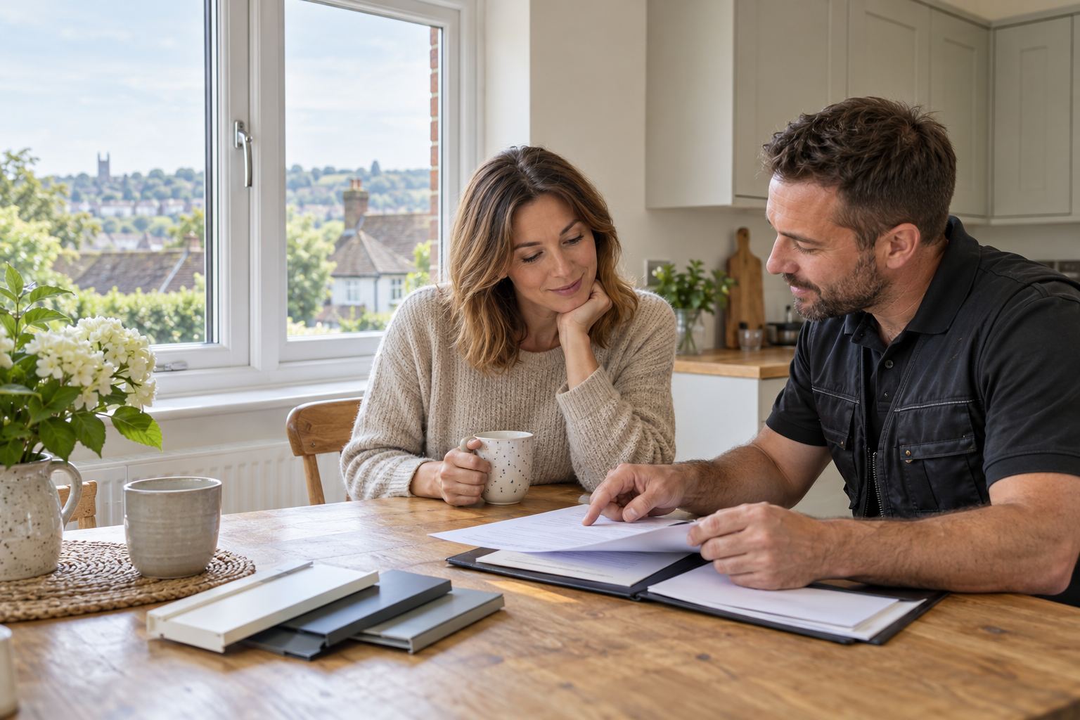 Homeowner discussing a window quotation and frame samples with an installer