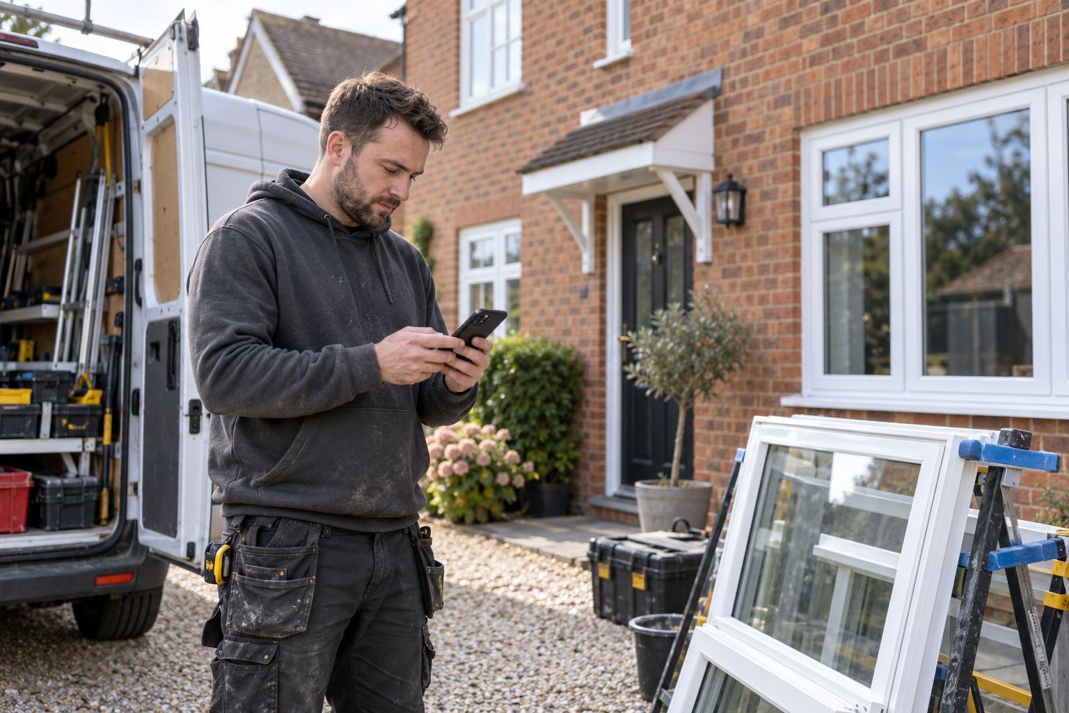 Window installer checking a customer enquiry on a phone beside a parked van