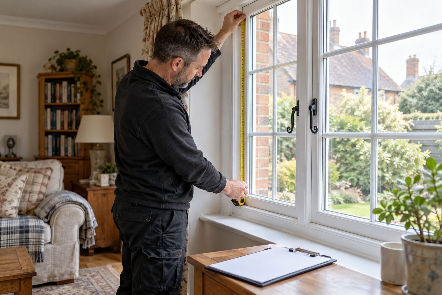 Window surveyor measuring a casement in a Kent sitting room