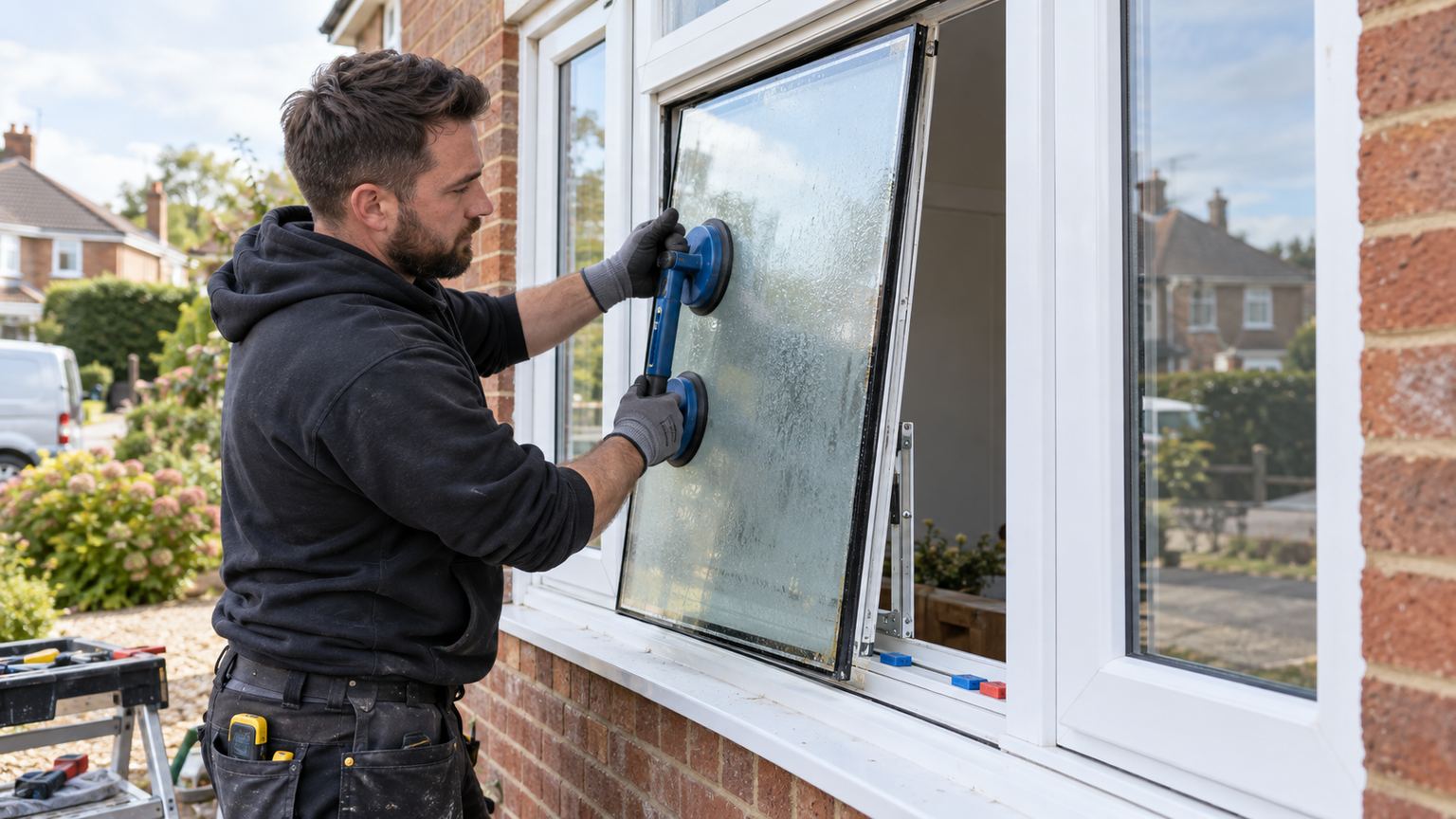 Glazier using suction lifters to replace a misted sealed unit in a casement frame