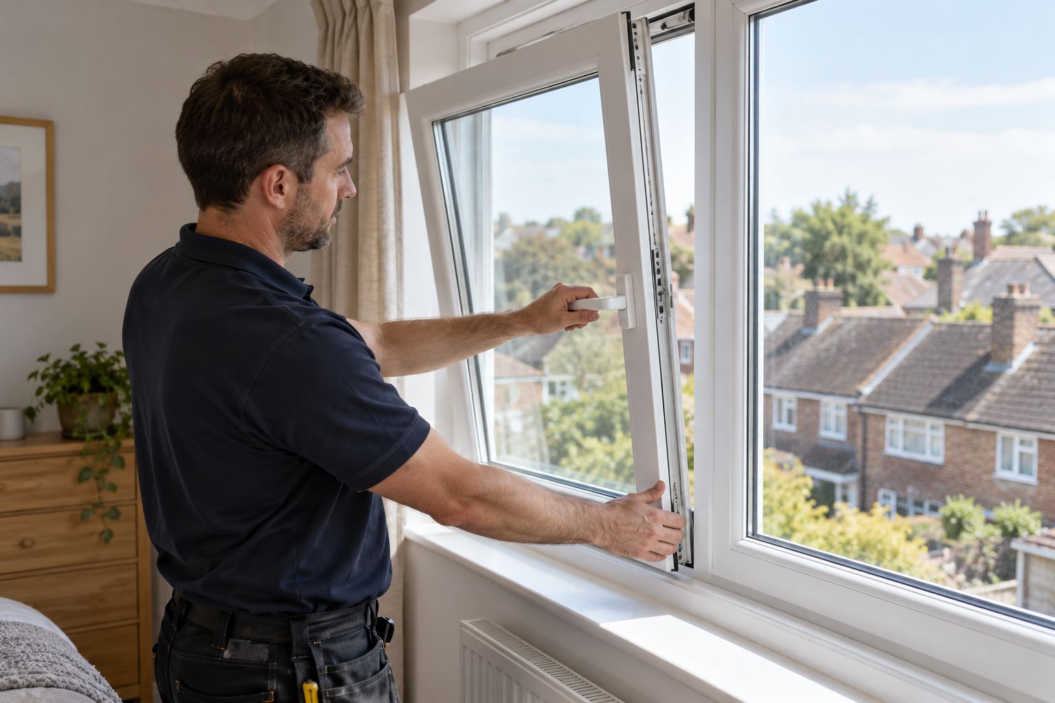 Installer demonstrating a tilt and turn window in an upstairs flat