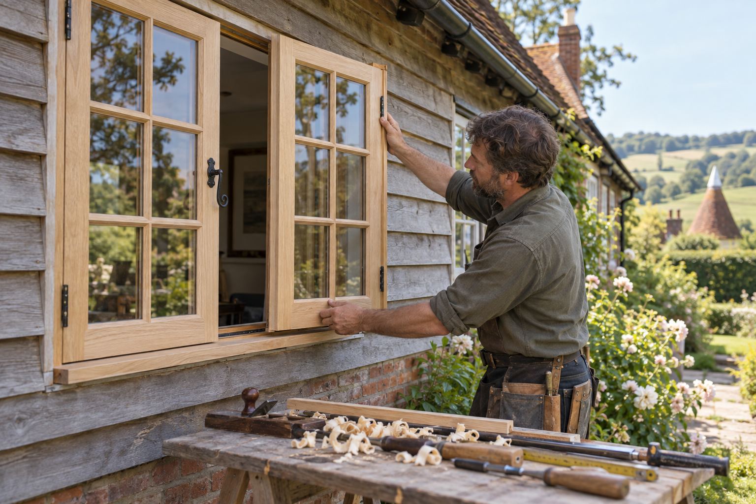 Joiner fitting small-paned timber casements to a weatherboarded cottage