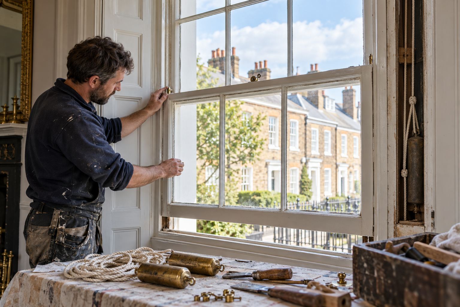 Specialist checking a timber sliding sash beside exposed sash cords and weights