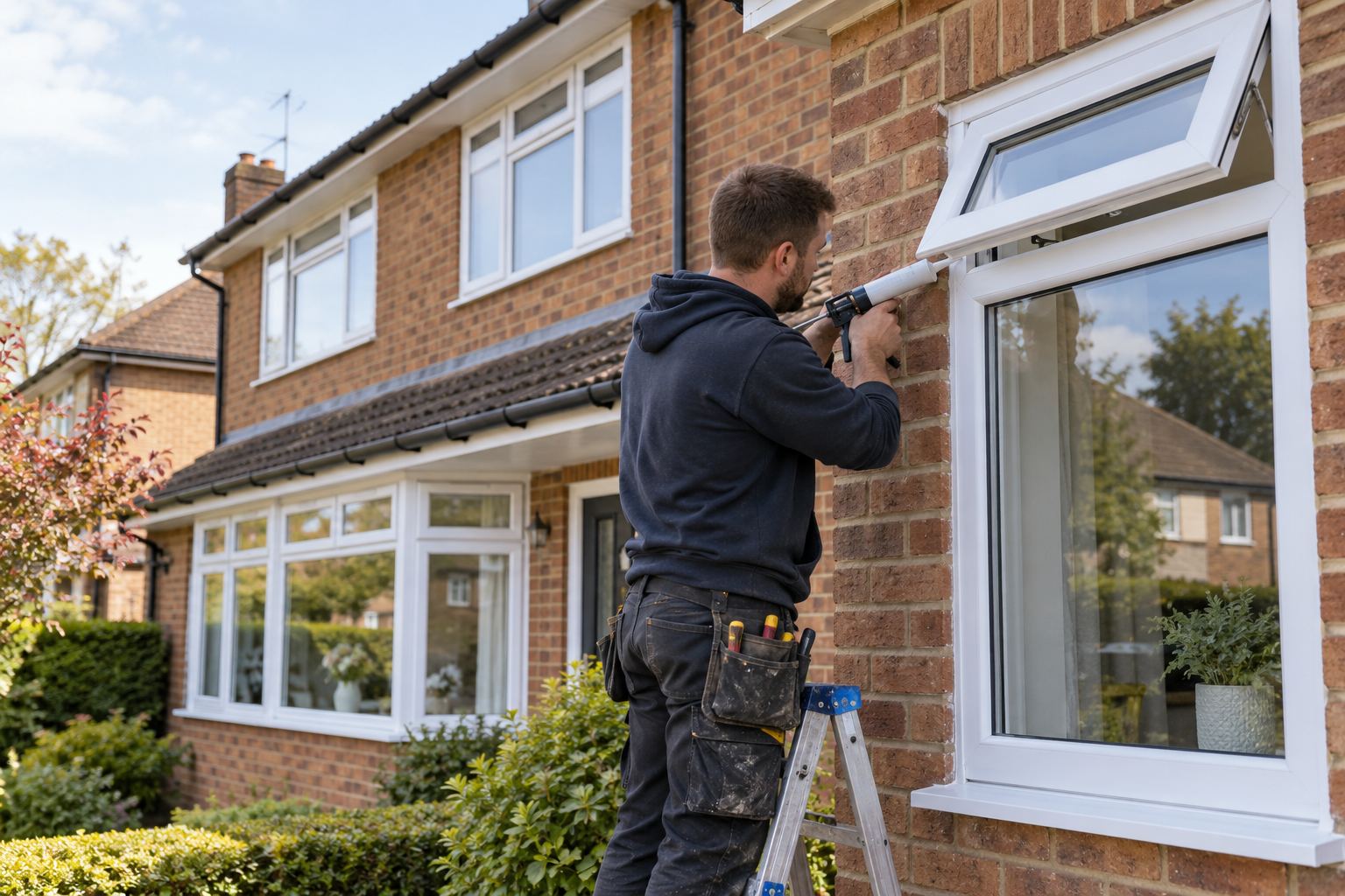Installer sealing a new white uPVC casement window on a brick Kent house