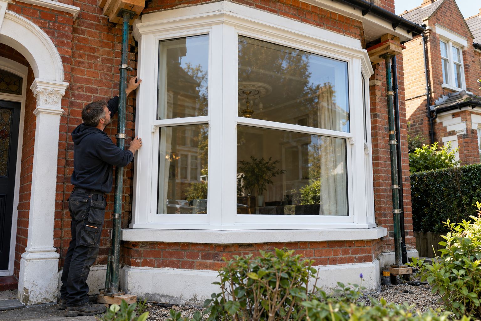 Installer inspecting the corner of a newly fitted canted bay window